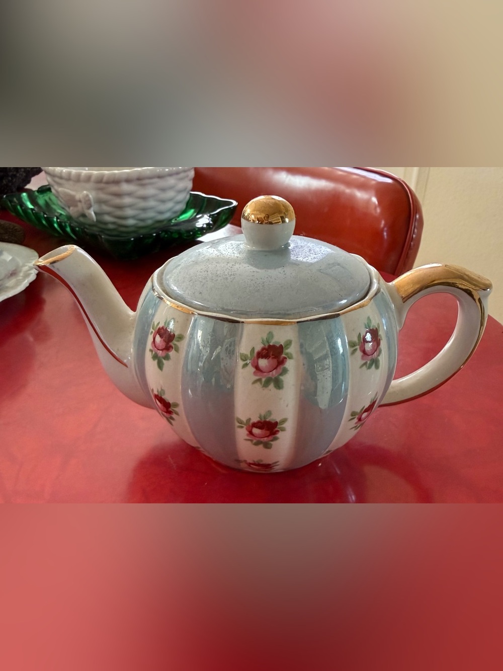 Vintage Gibsons Staffordshire England Mini Teapot Blue Lustre Stripes Roses